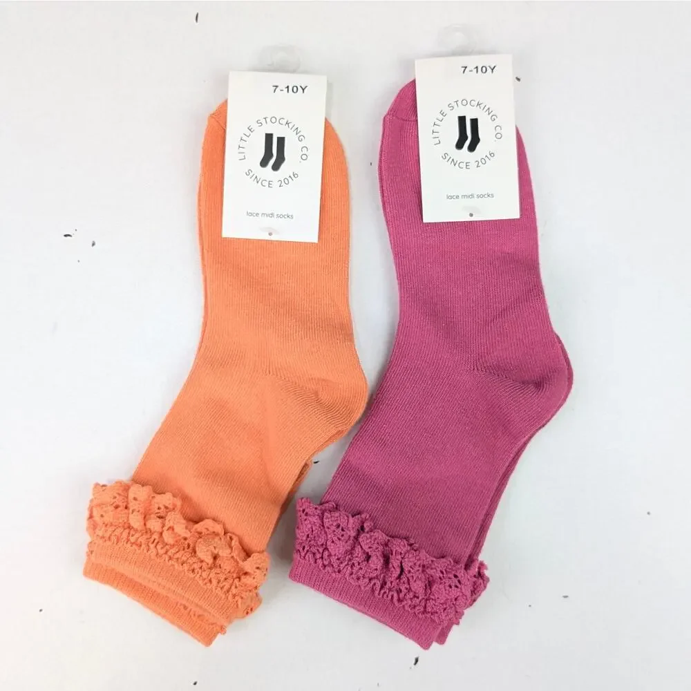 Little Stocking Girls 7-10Y Raspberry (Pink) & Papaya (Orange) Midi Sock Bundle